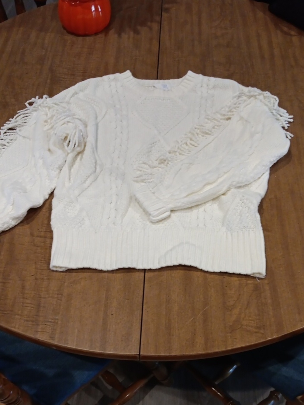 Time and Tru Cream Fringe Cable Knit Crewneck Sweater